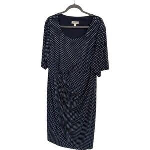 Dressbarn Womens Plus Size 22 Navy White Polka Dot Drape Front Knee Length Dress